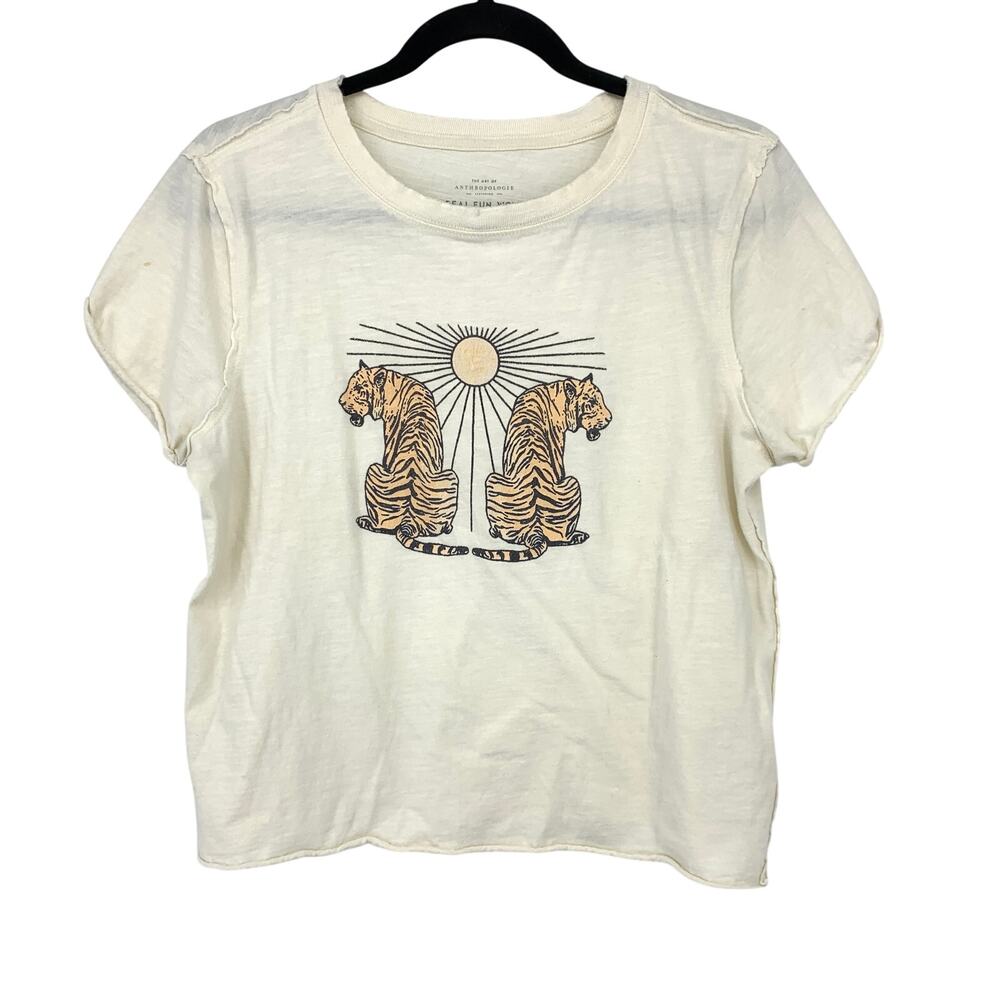 Anthropologie Top Womens Small Cream Tigers Sun Print Slub Boxy Cropped Raw Hem